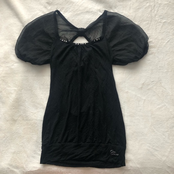 Guess Tops - Guess Black Knit Top with Puff Sleeves and Stud Accents